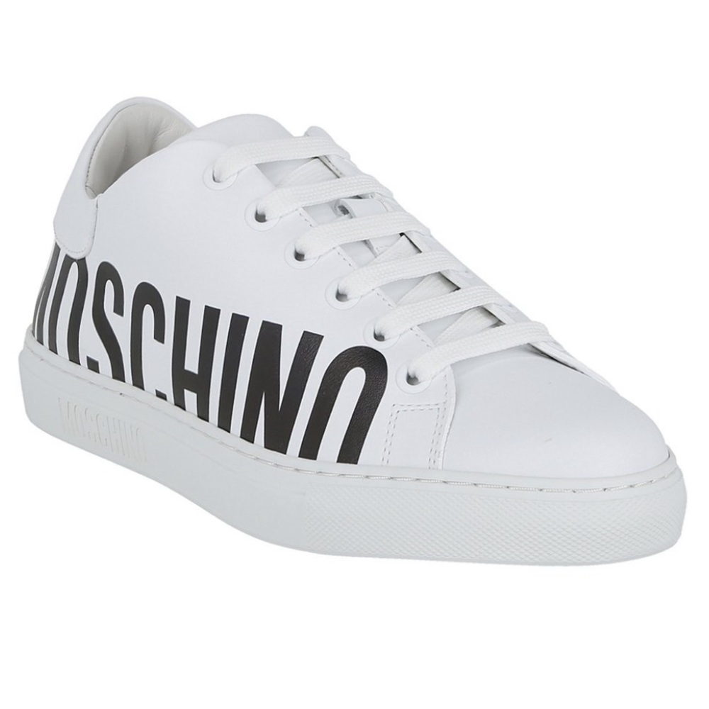 Moschino Sneakers Leather Calfskin White & Black Side Logo Sneaker Lace Up